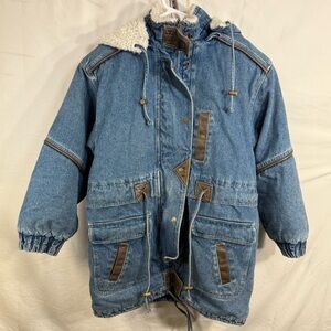 Vintage Climate Zone Denim Jacket w/ Sherpa Lining & Brown Leather Trim Medium